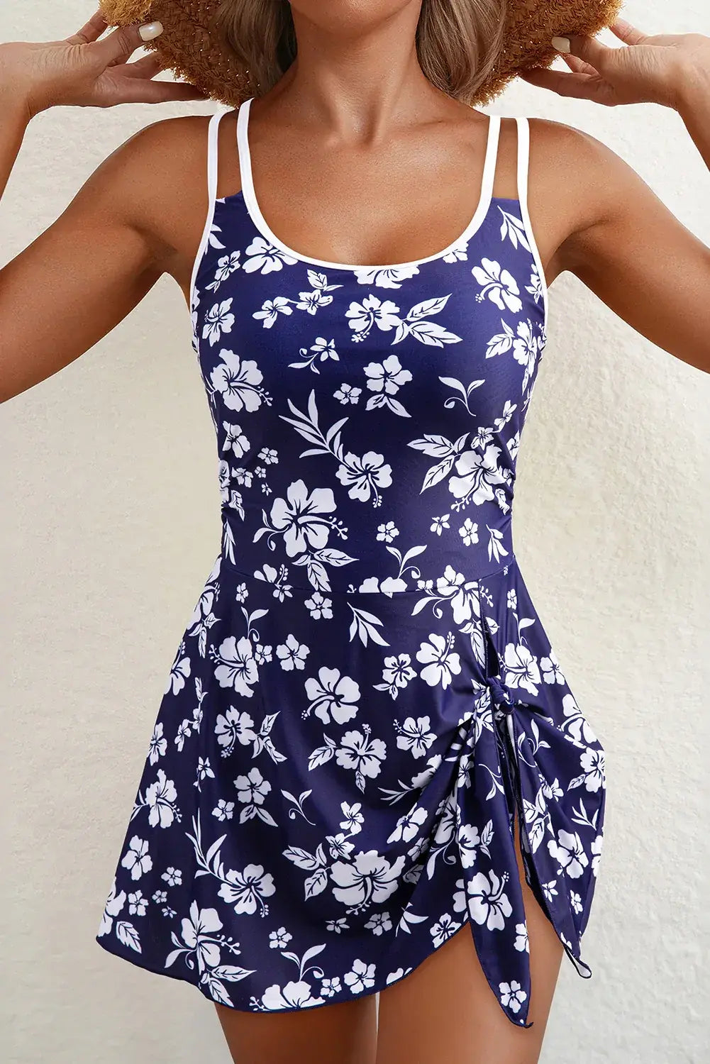 Sky Blue Crossed Back Floral Print Asymmetric Knot Side One Piece Swimsuit - Sweet Fashion Wholesale