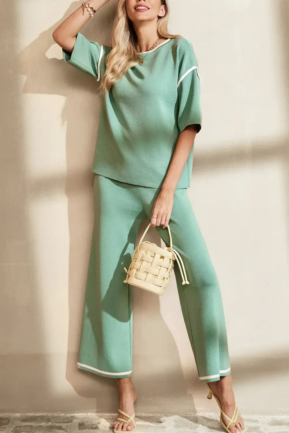 Blackish Green Contrast Trim Half Sleeve Top Drawstring Pants Loose 2pcs Sweater Suit - Sweet Fashion Wholesale