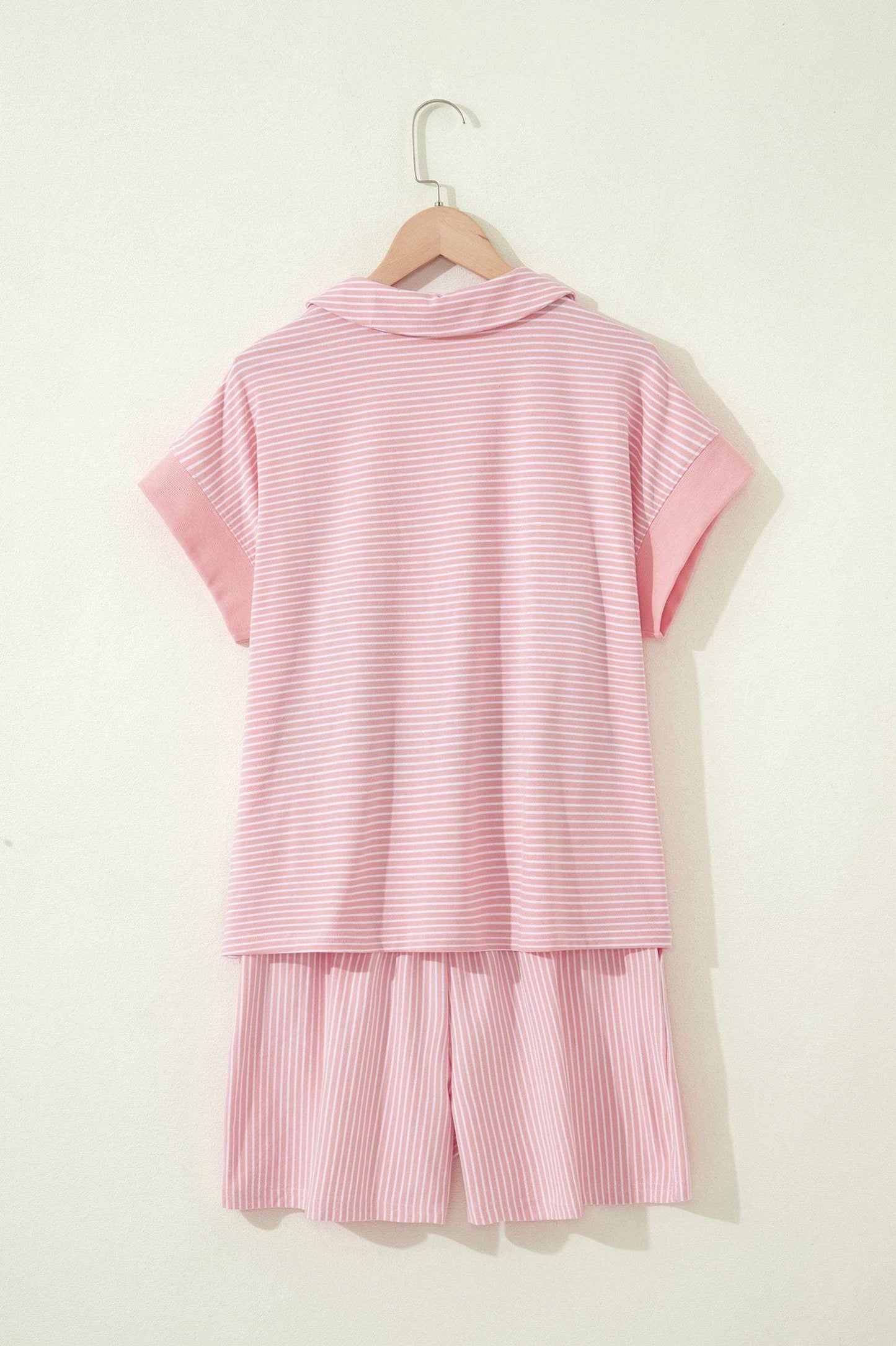 Khaki Stripe Dolman Sleeve Polo Shirt and Drawstring Shorts Set