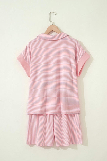 Khaki Stripe Dolman Sleeve Polo Shirt and Drawstring Shorts Set