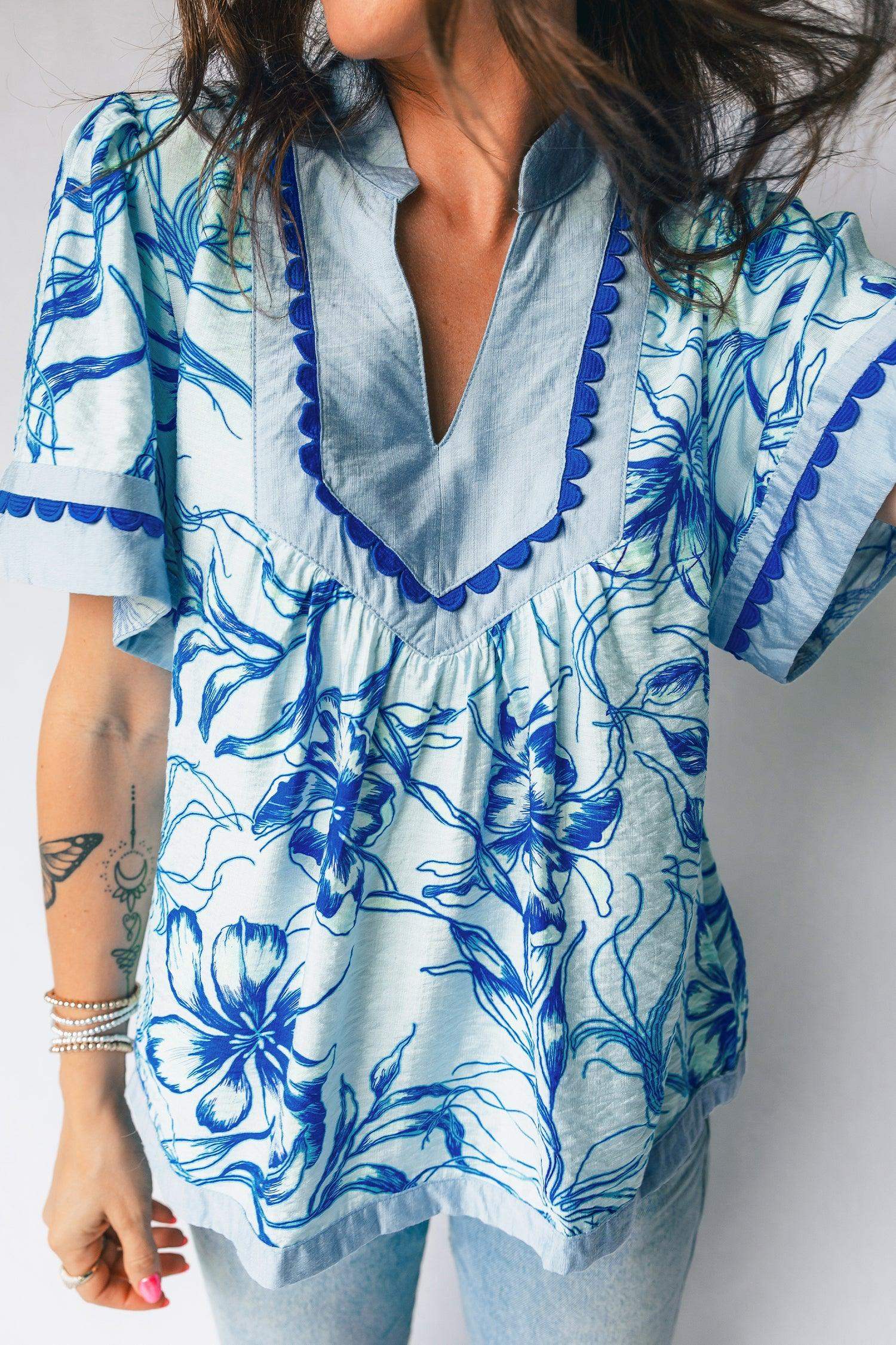 Sky Blue Ricrac Trim Slit V Neck Short Sleeve Floral Blouse - Sweet Fashion Wholesale