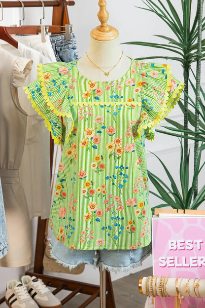 Green Stripe Floral Printed Scalloped Detail Ruffle Short Sleeve Blouse - Sweet Fashion Wholesale