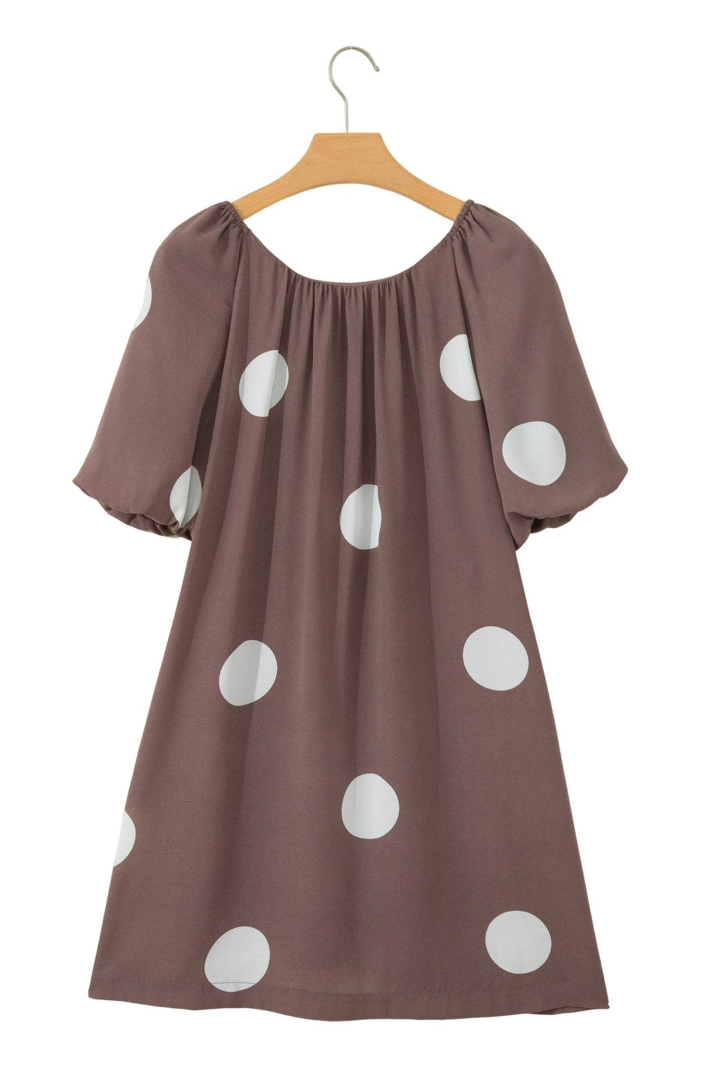 Brown Polka Dot Print Knot Back Short Puff Sleeve Loose Mini Dress