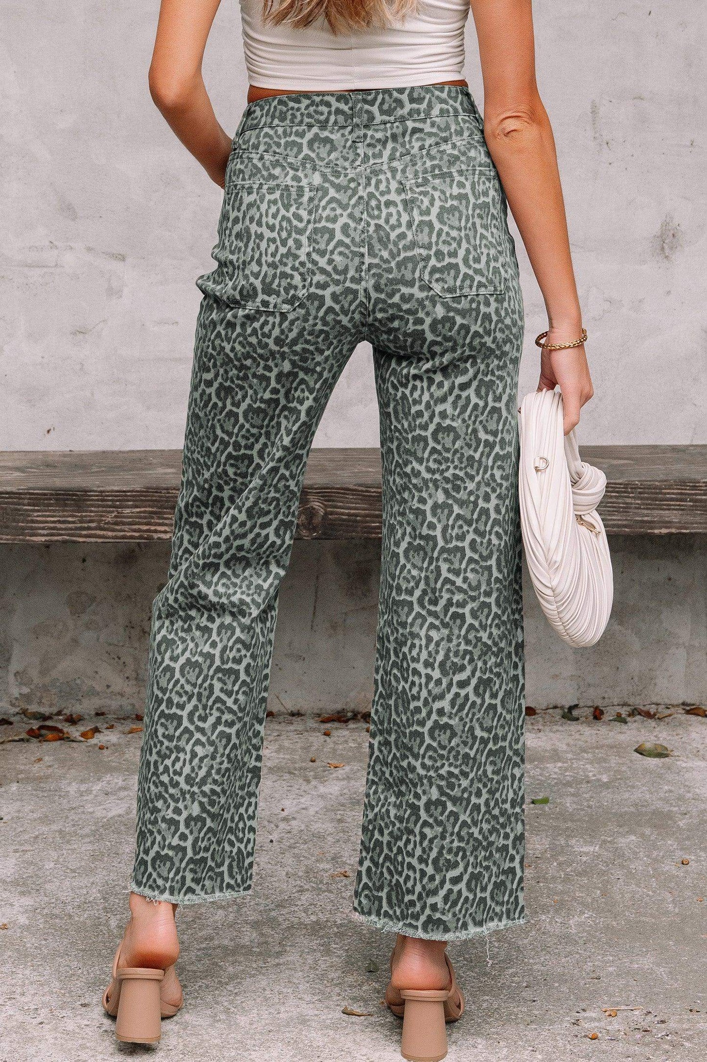 Gray Leopard Frayed Edge Wide Leg High Waist Jeans - Sweet Fashion Wholesale