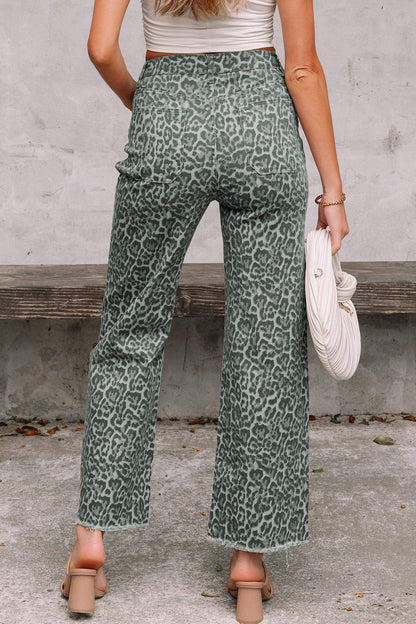 Gray Leopard Frayed Edge Wide Leg High Waist Jeans - Sweet Fashion Wholesale