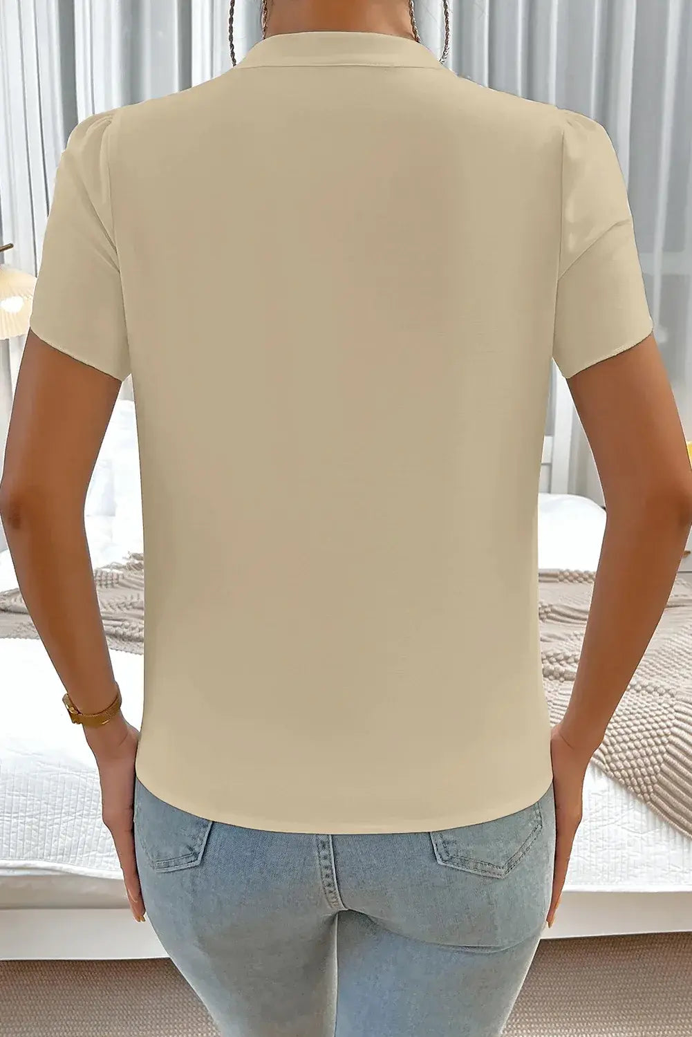 Beige Silky Notched Neckline Petal Sleeve Blouse - Sweet Fashion Wholesale