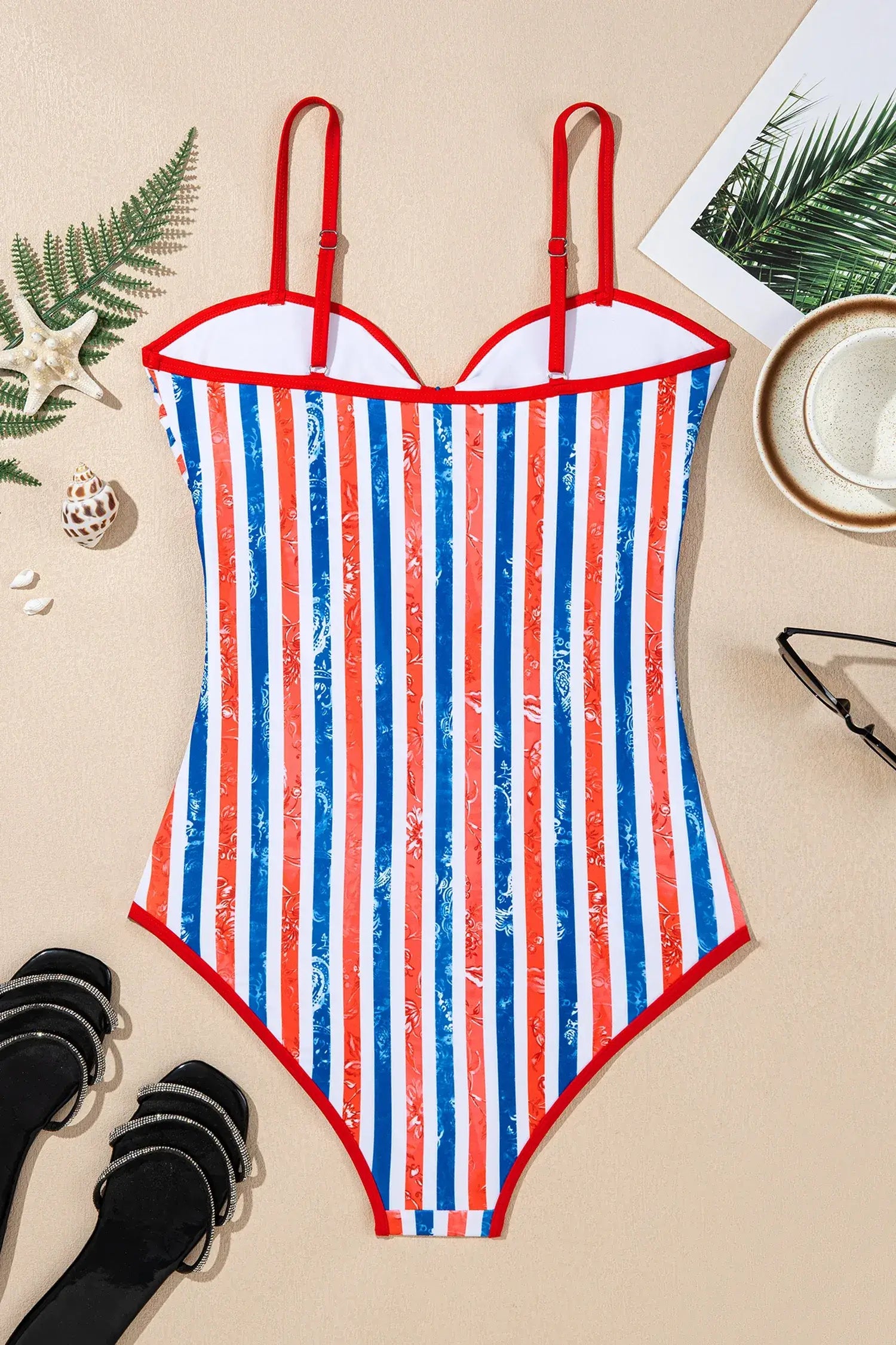 Red July 4th Stripes Star Floral Impression Cutout Spaghetti Straps One Piece Swimsuit - Sweet Fashion Wholesale