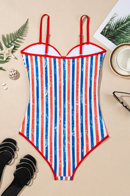 Red July 4th Stripes Star Floral Impression Cutout Spaghetti Straps One Piece Swimsuit - Sweet Fashion Wholesale