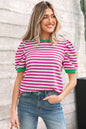 Rose Stripe Short Puff Sleeve Contrast Trim Round Neck Tee - Sweet Fashion Wholesale