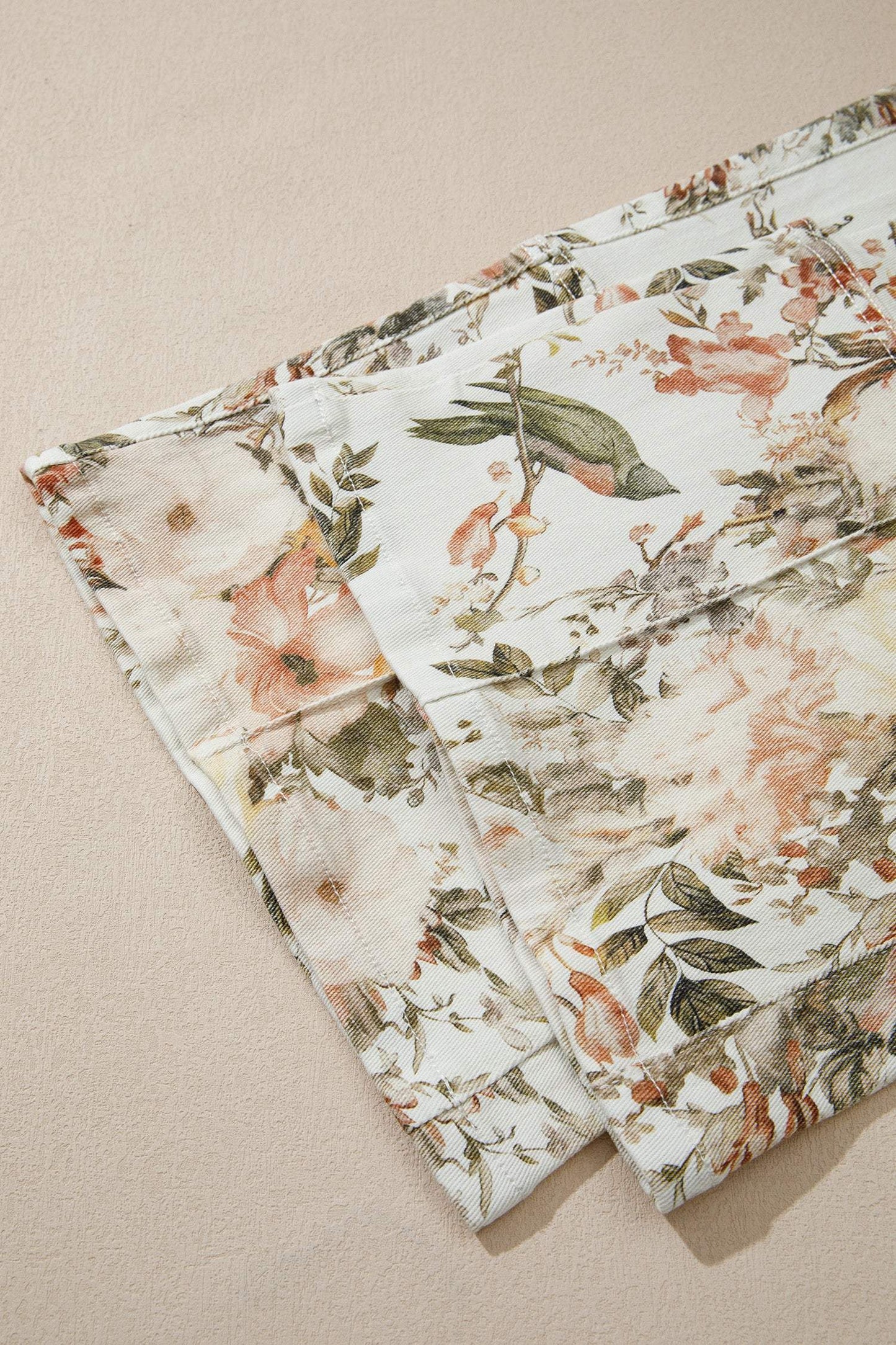 Beige Vintage Style Floral Print High Waist Wide Leg Jeans