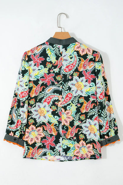 Black Contrast Ricrac Trim Striped Edge Patchwork Floral Print Blouse - Sweet Fashion Wholesale