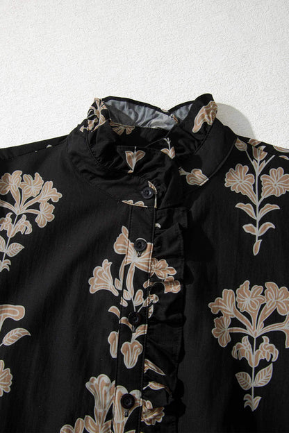 Black Floral Print Frilled Collar Short Puff Sleeve Maxi Dress - Sweet Fashion Wholesale