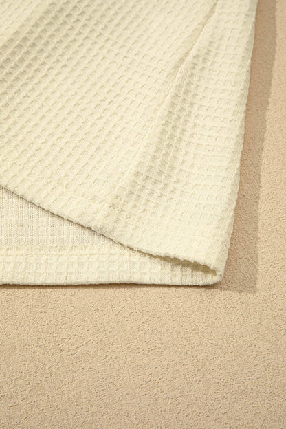 Beige Lace Splicing Button Cutout V Neck Waffle Knit Blouse