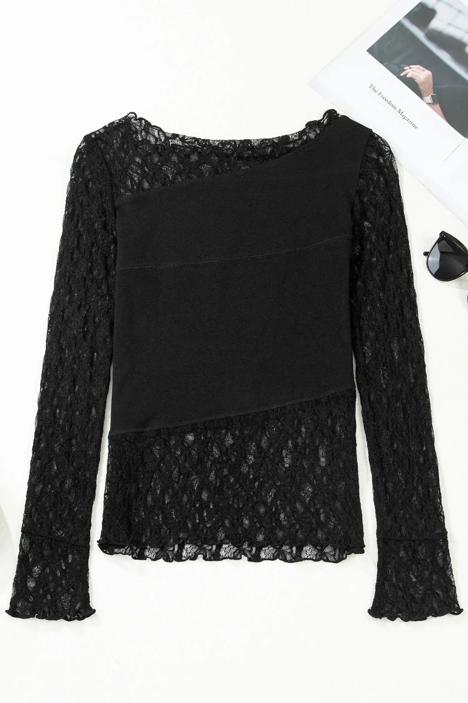 Black Asymmetric Panels Sheer Floral Lace Patchwork Long Sleeve Top - Sweet Fashion Wholesale