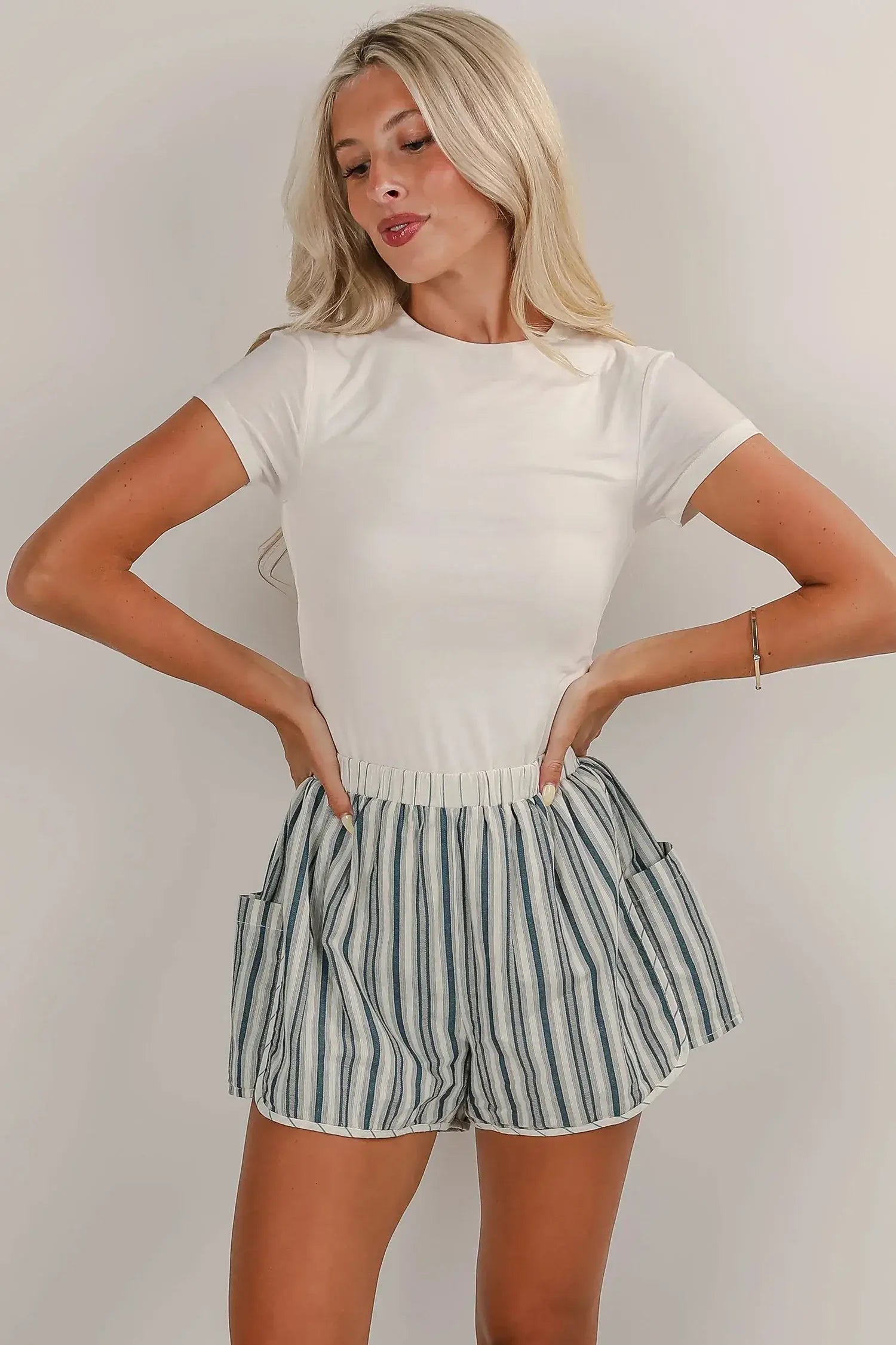 Gray Stripe Elastic Waist Cargo Pocket Casual Shorts - Sweet Fashion Wholesale