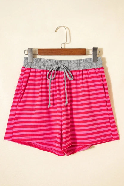 Rose Stripe Contrast Elastic Waist Casual Ribbed Shorts - Sweet Fashion Wholesale