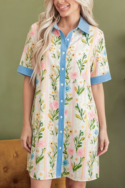 Multicolour Floral Print Striped Trim Button Down Shift Dress