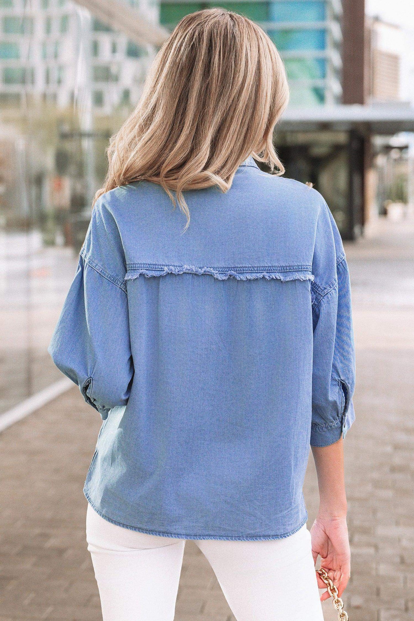 Myosotis Washed Drop Shoulder Bracelet Sleeve Chambray Shirt - Sweet Fashion Wholesale