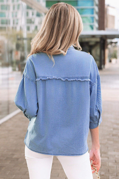 Myosotis Washed Drop Shoulder Bracelet Sleeve Chambray Shirt - Sweet Fashion Wholesale
