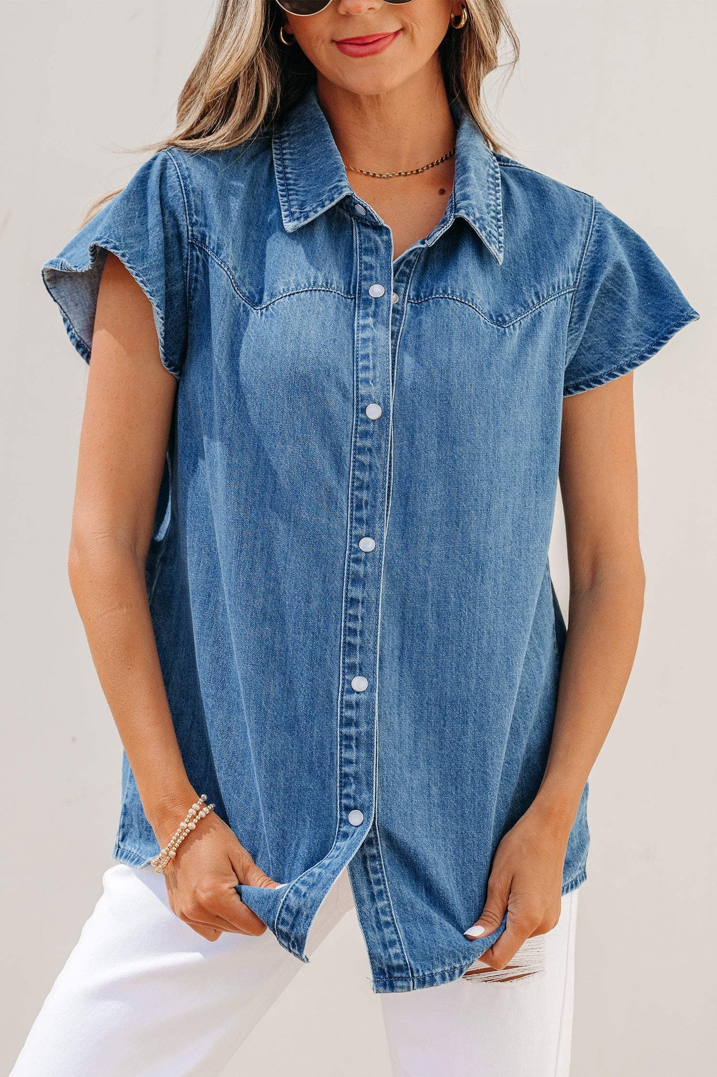 Dusk Blue Ruffled Short Sleeve Denim Shirt