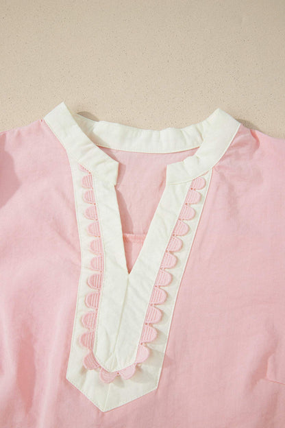 Light Pink Scallop Color Block Trim Puff Sleeve Mini Dress