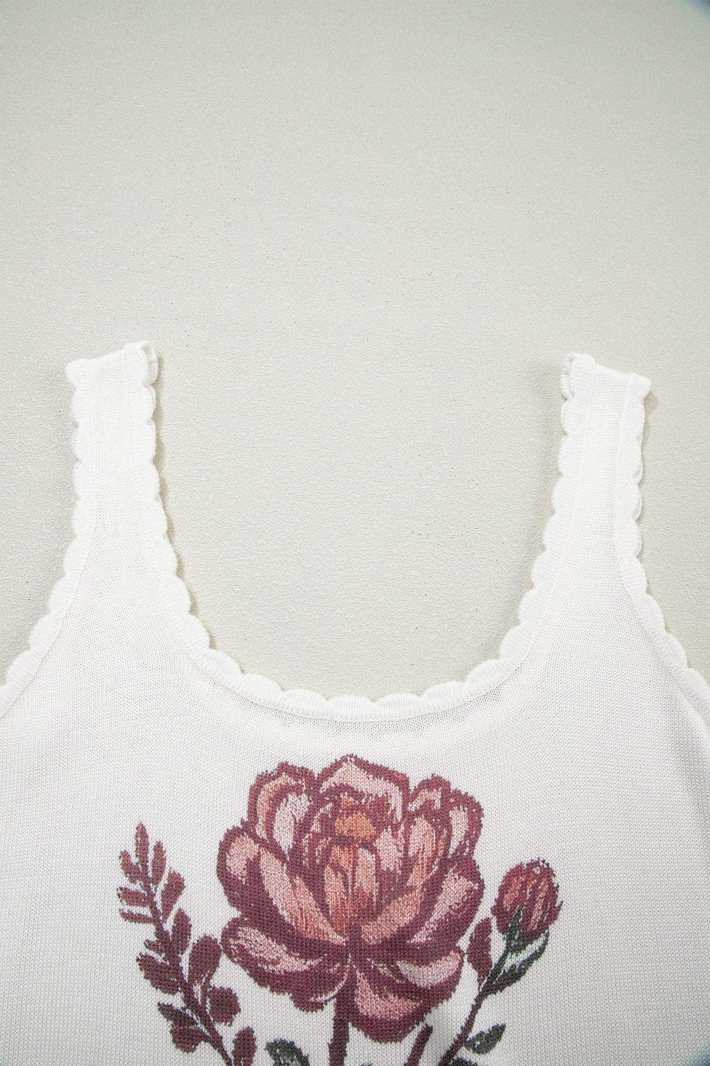 White Retro Floral Print Scalloped Square Neck Knit Sweater Vest - Sweet Fashion Wholesale
