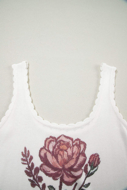 White Retro Floral Print Scalloped Square Neck Knit Sweater Vest - Sweet Fashion Wholesale