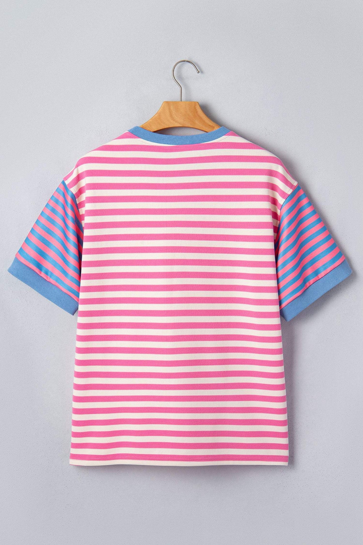 Pink Stripe Contrast Patchwork Short Sleeve Loose Tee
