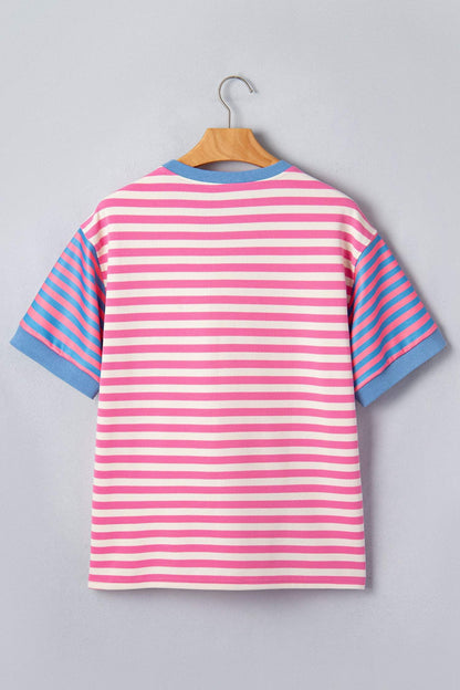 Pink Stripe Contrast Patchwork Short Sleeve Loose Tee