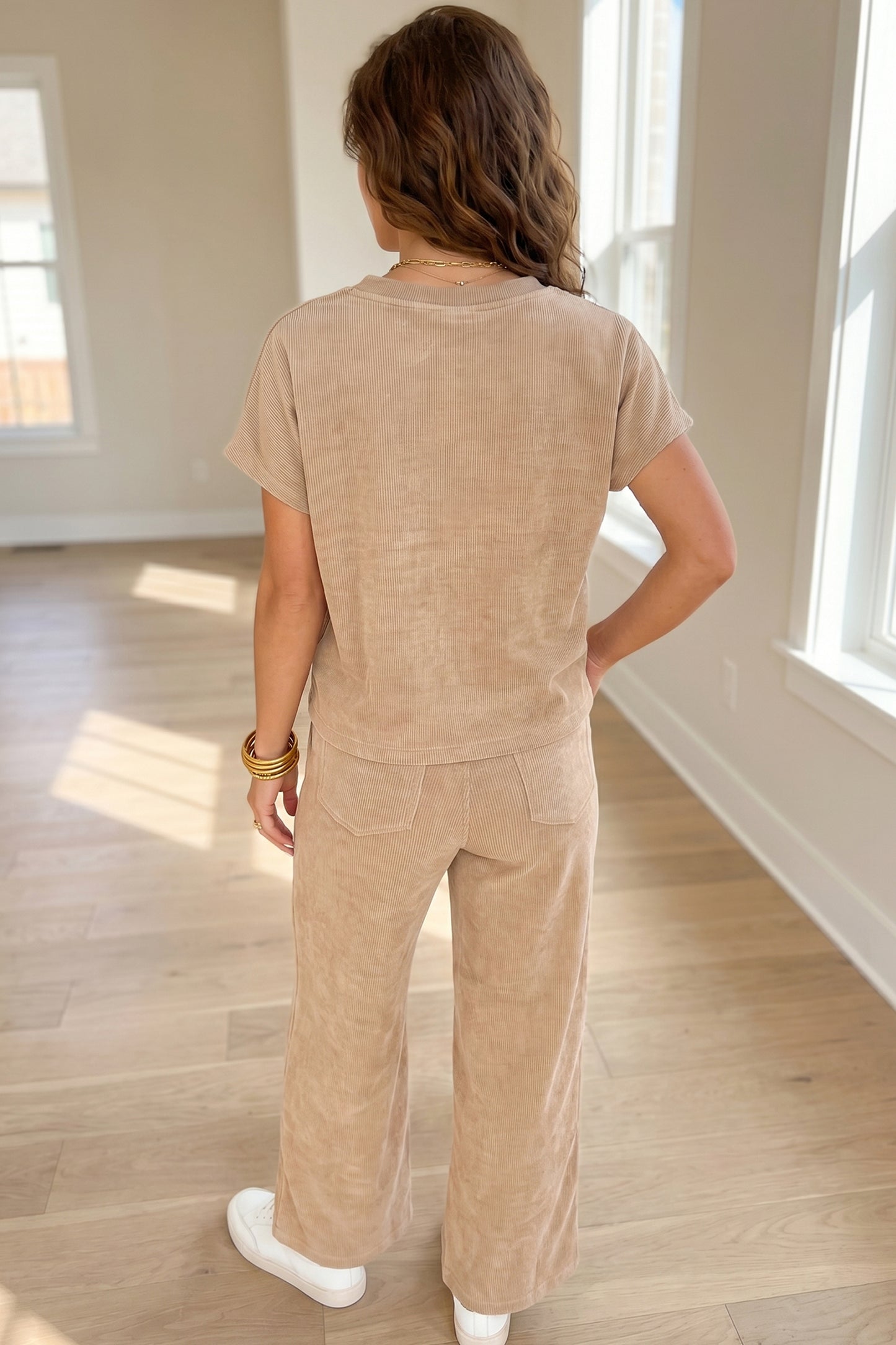 Light French Beige Short Sleeve Ribbed Top Wide Leg Pants Two Piece Set