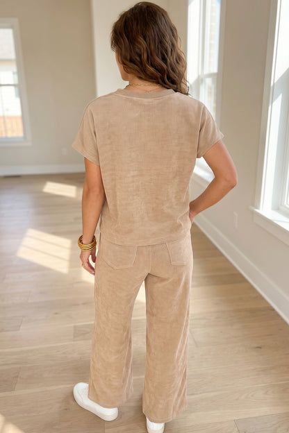 Light French Beige Short Sleeve Ribbed Top Wide Leg Pants Two Piece Set