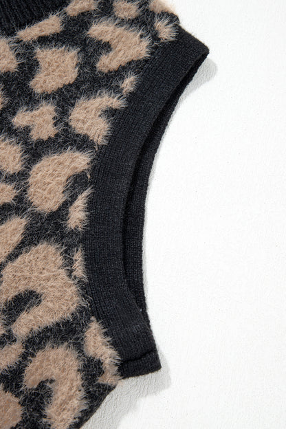 Pink Leopard Print Knit Sleeveless Regular Wash Sweater Vest