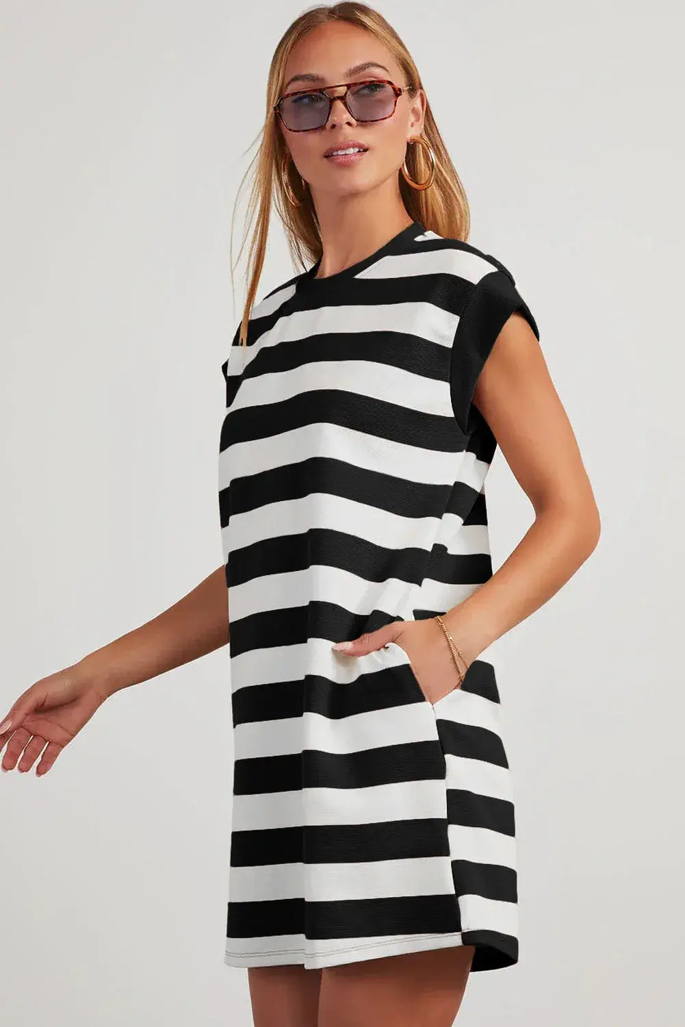 Black Stripe Cap Sleeve Shift T Shirt Dress - Sweet Fashion Wholesale
