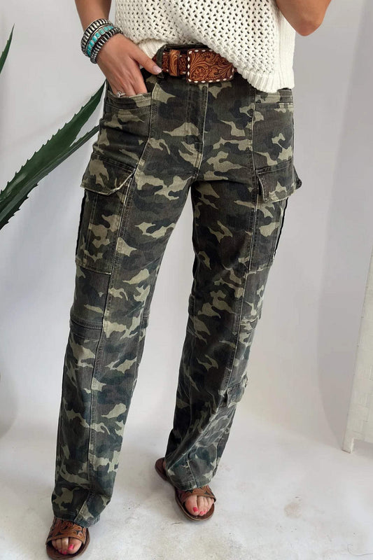 Green Camouflage Print Multi Pocketed Womens Denim Pants