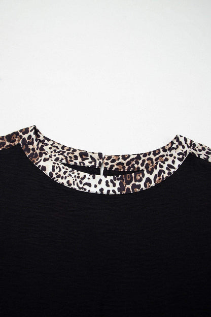 Black Plus Size Leopard Patchwork Round Neck Loose Tee - Sweet Fashion Wholesale