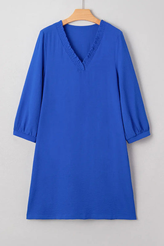 Sky Blue Frilled V Neck Bracelet Sleeve Shift Mini Dress