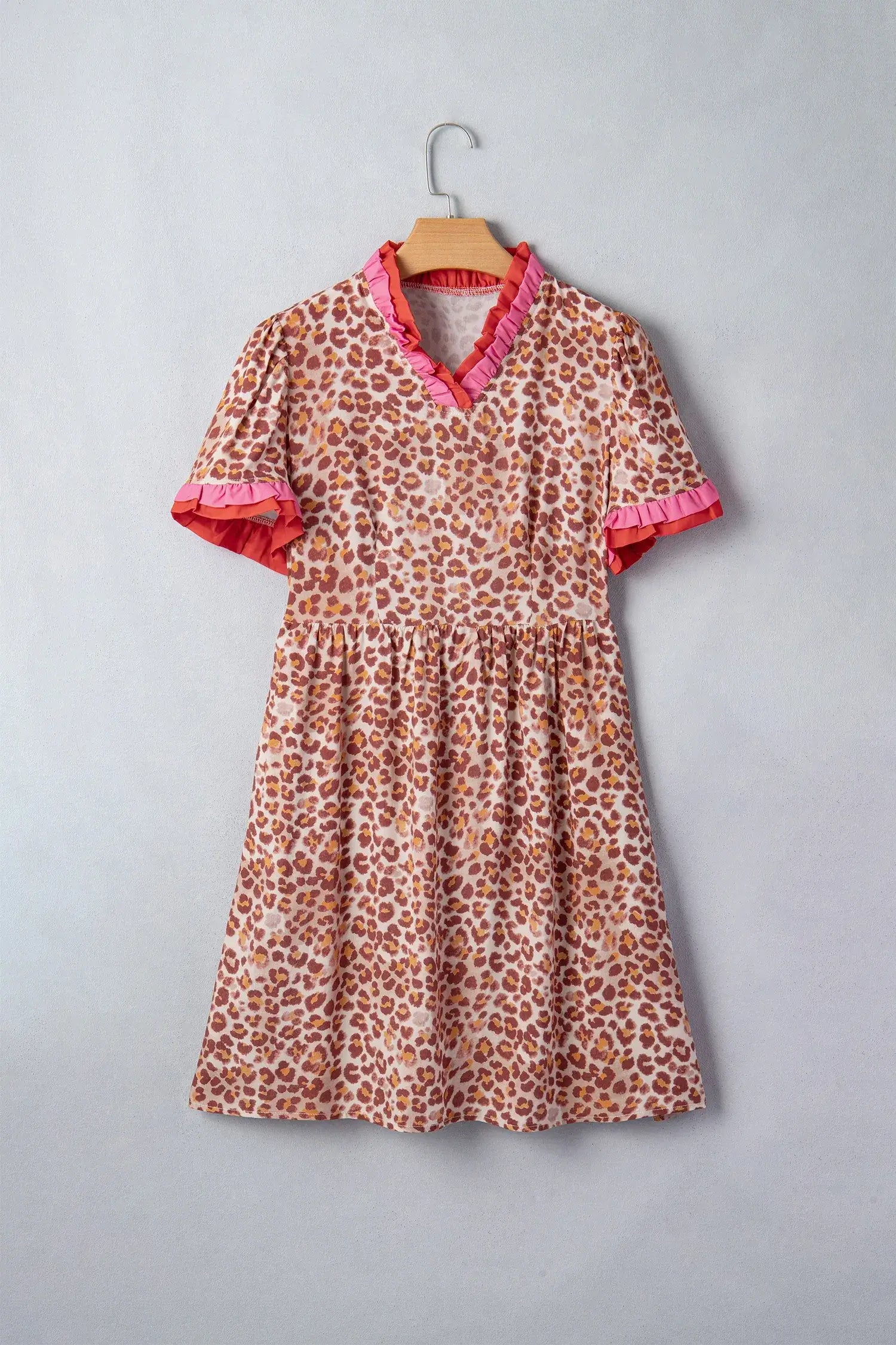 Khaki Leopard High Waist Ruffled Colorblock Trim Short Dress - Sweet Fashion Wholesale