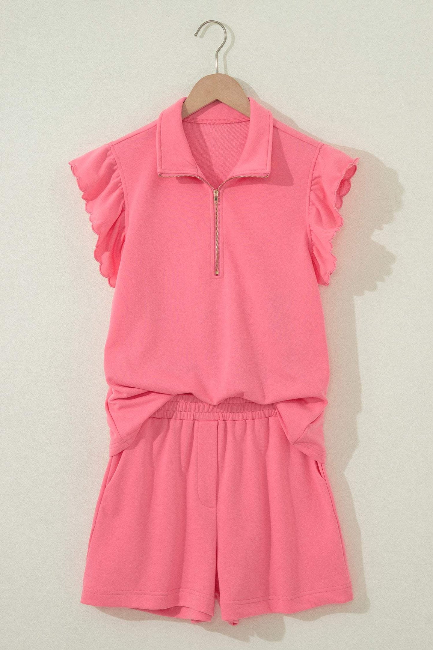Sky Blue Half Zipped Ruffled Short Set