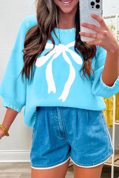 Light Blue Big Ribbon Bow Print Contrast Stitch Trim Drop Shoulder Sweater - Sweet Fashion Wholesale