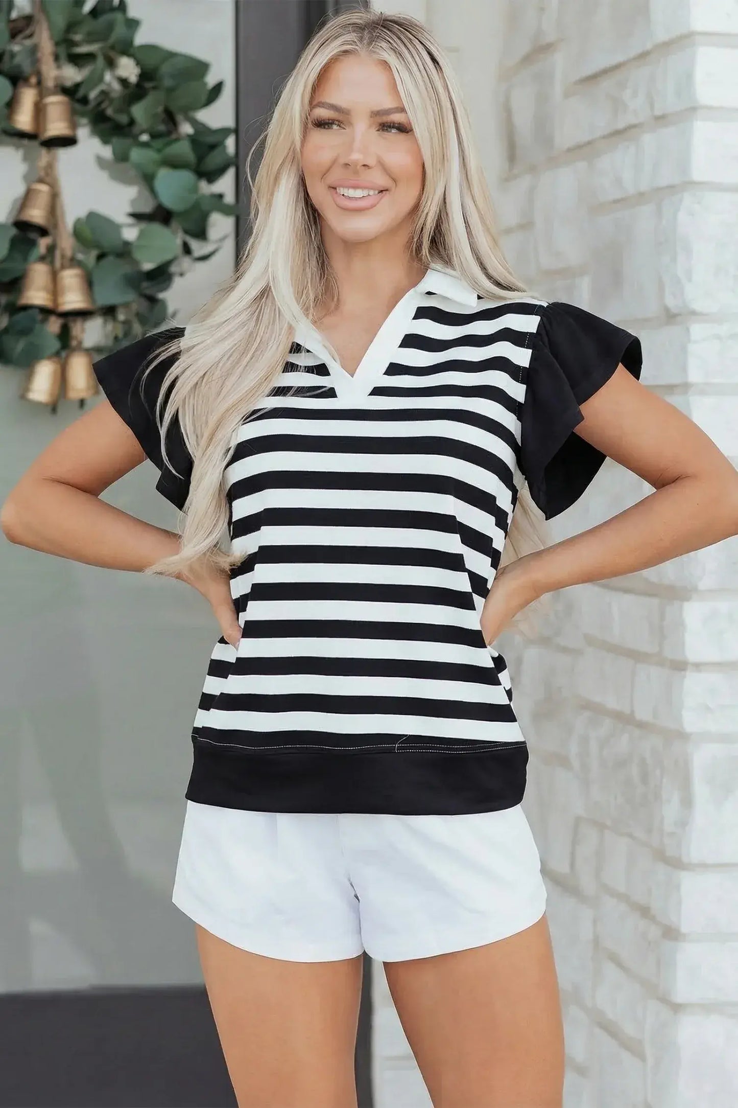 Green Stripe Collar V Neck Ruffled Short Sleeve Blouse - Sweet Fashion Wholesale