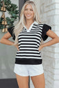 Green Stripe Collar V Neck Ruffled Short Sleeve Blouse - Sweet Fashion Wholesale