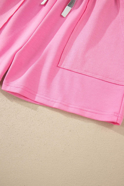 Sachet Pink V Neck Short Sleeve Top Drawstring Shorts 2pcs Set