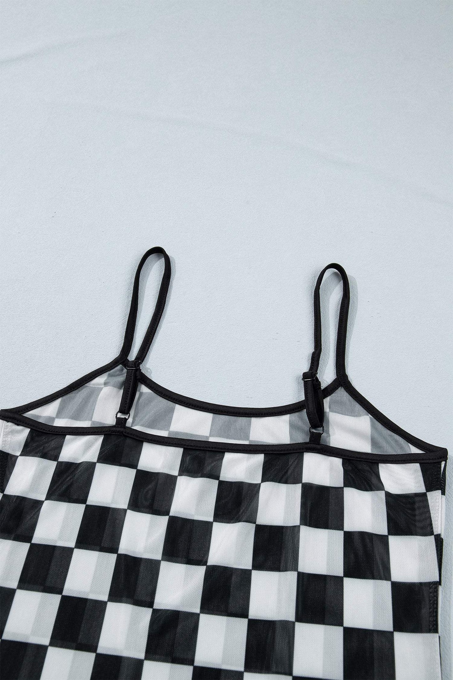 Black Sheer Checkered Print Spaghetti Straps Slim Tank Top