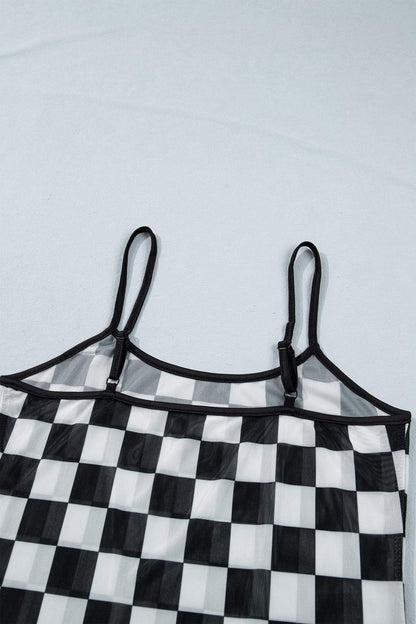 Black Sheer Checkered Print Spaghetti Straps Slim Tank Top