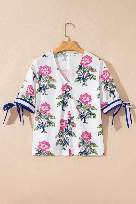 White Floral Colorblock Stripe Knot Bubble Sleeve V Neck Blouse