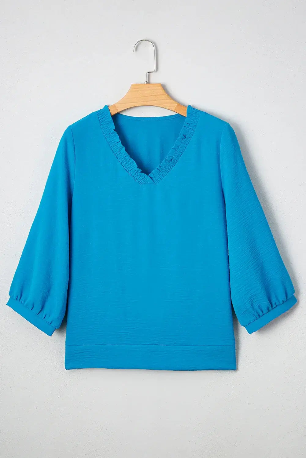 Sky Blue Frilled V Neckline Bracelet Sleeve Crinkled Blouse