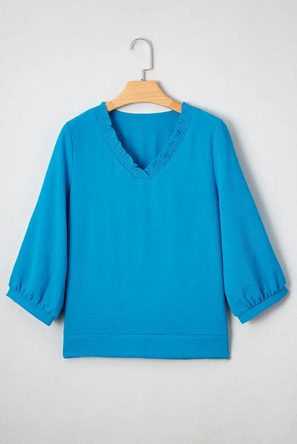 Sky Blue Frilled V Neckline Bracelet Sleeve Crinkled Blouse