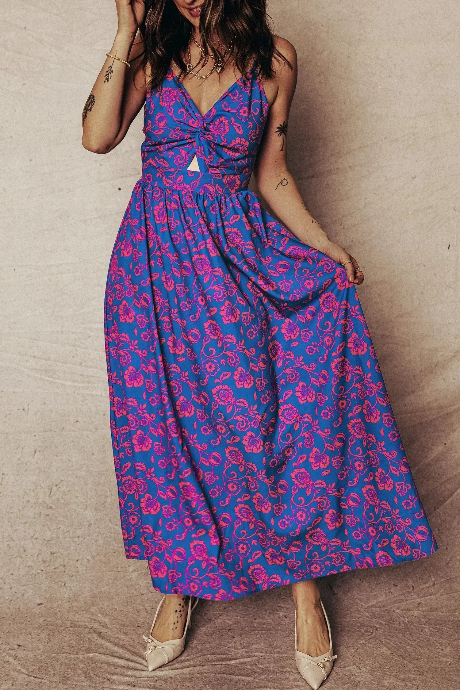 Blue Floral Print Twisted V Neck Tied Backless Maxi Dress - Sweet Fashion Wholesale
