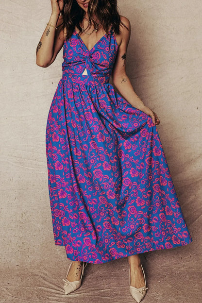 Blue Floral Print Twisted V Neck Tied Backless Maxi Dress - Sweet Fashion Wholesale
