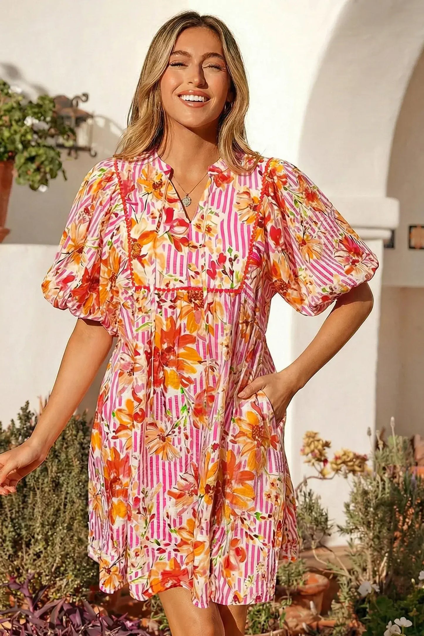 Pink Striped Floral Print Tie Neck Puff Sleeve Loose Mini Dress - Sweet Fashion Wholesale